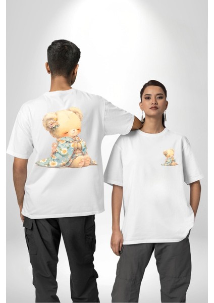 Mavi Çiçek Desenli Kimonolu Sevimli Ayıcık Teddy Beyaz Oversize Kadın Erkek Ön ve Sırt Baskılı Tişört
