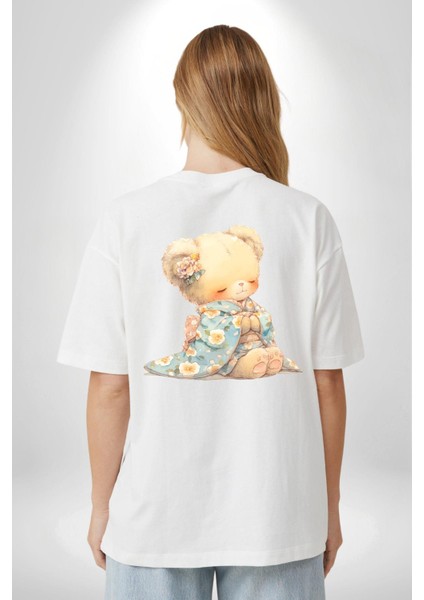 Mavi Çiçek Desenli Kimonolu Sevimli Ayıcık Teddy Beyaz Oversize Kadın Erkek Ön ve Sırt Baskılı Tişört fiyatları