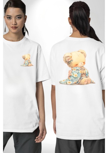 Mavi Çiçek Desenli Kimonolu Sevimli Ayıcık Teddy Beyaz Oversize Kadın Erkek Ön ve Sırt Baskılı Tişört fırsatları