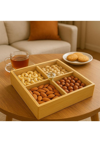 Bambu Kare 4 Bölmeli Çerezlik - Kahvaltılık Akrilik Kapaklı 24 cm