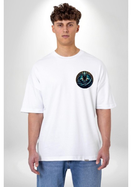 Nu Kaos ve Ilksel Su Tanrısı Mısır Beyaz Oversize Kadın Erkek Ön ve Sırt Baskılı Tişört modelleri