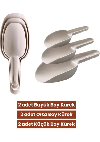 6 Adet Baharat Küreği, Un Şeker Bakliyat Kakao Mama Deterjan Erzak Kaşığı 6’lı Set 2x(3 Boy) Krem