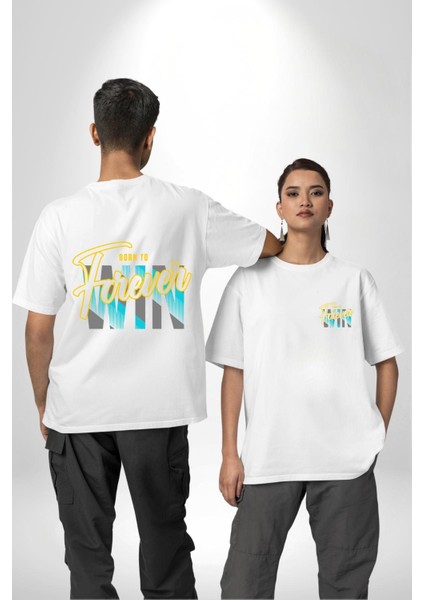 Born To Win Baskılı Motivasyonel Tasarım Beyaz Oversize Kadın Erkek Ön ve Sırt Baskılı Tişört
