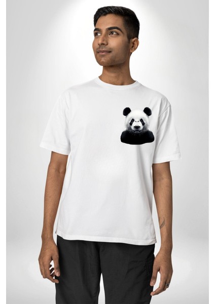 Beyaz Beyaz Panda Beyaz Oversize Kadın Erkek Ön ve Sırt Baskılı Tişört modelleri