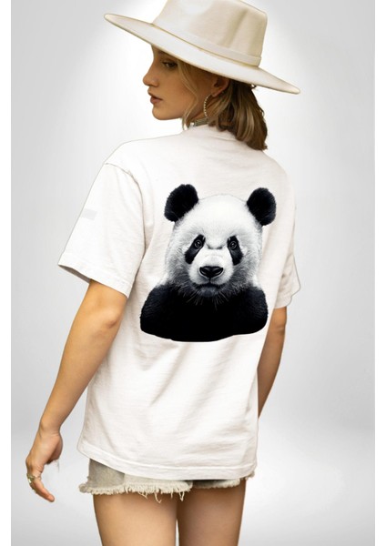 Beyaz Beyaz Panda Beyaz Oversize Kadın Erkek Ön ve Sırt Baskılı Tişört indirimleri