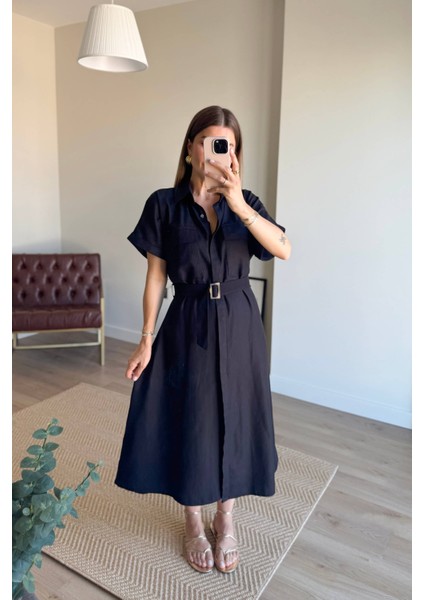 Siyah Cep Detaylı Ahşap Kemerli Gabardin Keten Görünümlü Gömlek Elbise