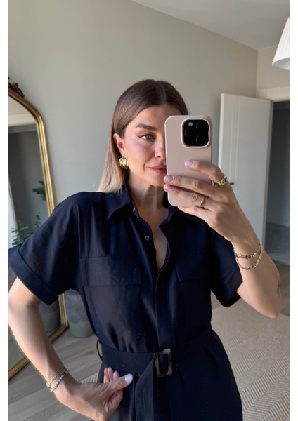 Siyah Cep Detaylı Ahşap Kemerli Gabardin Keten Görünümlü Gömlek Elbise fiyatları