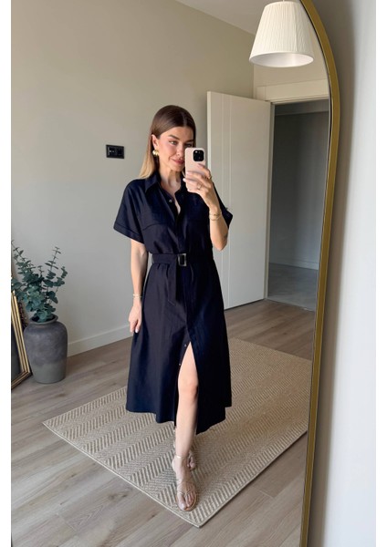 Siyah Cep Detaylı Ahşap Kemerli Gabardin Keten Görünümlü Gömlek Elbise modelleri