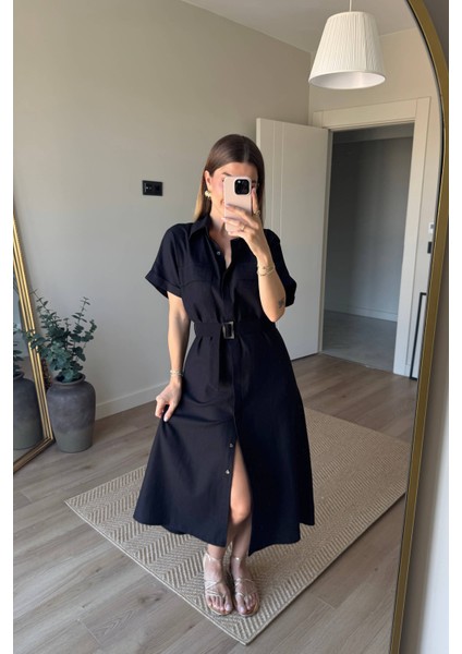 Siyah Cep Detaylı Ahşap Kemerli Gabardin Keten Görünümlü Gömlek Elbise fırsatları