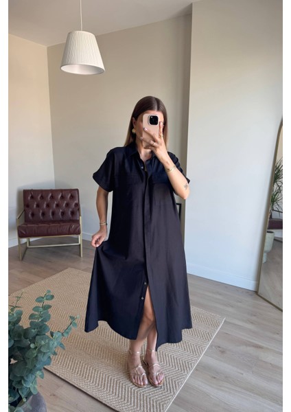 Siyah Cep Detaylı Ahşap Kemerli Gabardin Keten Görünümlü Gömlek Elbise indirimleri