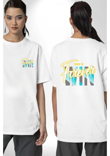 Born To Win Baskılı Motivasyonel Tasarım Beyaz Oversize Kadın Erkek Ön ve Sırt Baskılı Tişört fırsatları