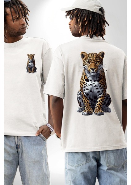Leopar Desenli Vahşi Hayvan Beyaz Oversize Kadın Erkek Ön ve Sırt Baskılı Tişört