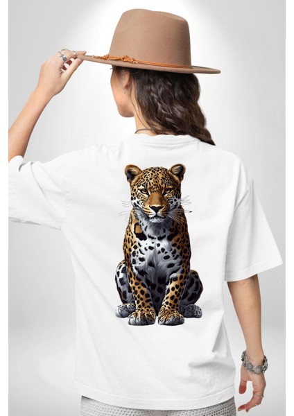 Leopar Desenli Vahşi Hayvan Beyaz Oversize Kadın Erkek Ön ve Sırt Baskılı Tişört fiyatları