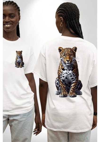 Leopar Desenli Vahşi Hayvan Beyaz Oversize Kadın Erkek Ön ve Sırt Baskılı Tişört fırsatları
