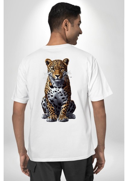 Leopar Desenli Vahşi Hayvan Beyaz Oversize Kadın Erkek Ön ve Sırt Baskılı Tişört indirimleri