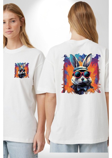 Gökkuşağı Parti Gözlüklü Tavşanı Beyaz Oversize Kadın Erkek Ön ve Sırt Baskılı Tişört