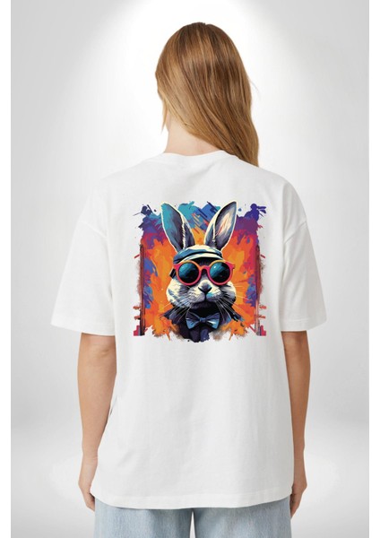 Gökkuşağı Parti Gözlüklü Tavşanı Beyaz Oversize Kadın Erkek Ön ve Sırt Baskılı Tişört fiyatları