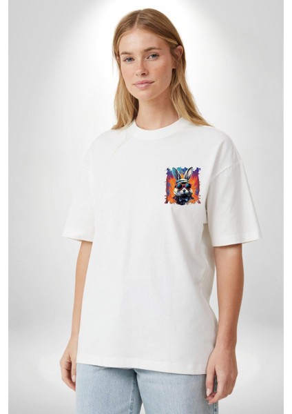 Gökkuşağı Parti Gözlüklü Tavşanı Beyaz Oversize Kadın Erkek Ön ve Sırt Baskılı Tişört modelleri