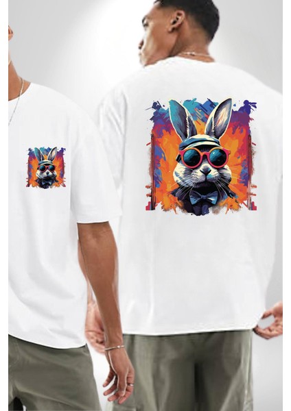 Gökkuşağı Parti Gözlüklü Tavşanı Beyaz Oversize Kadın Erkek Ön ve Sırt Baskılı Tişört fırsatları