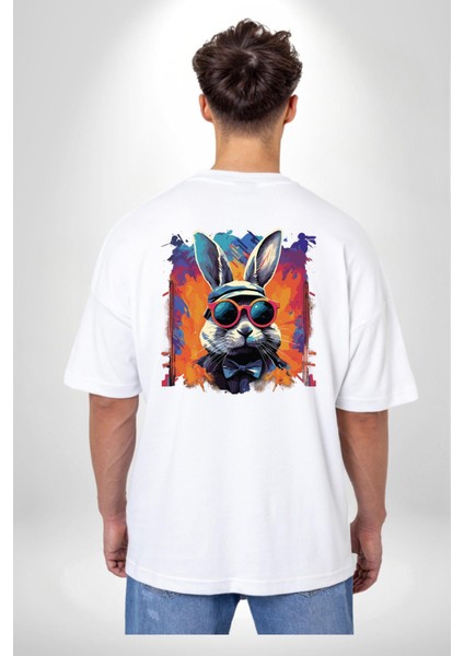 Gökkuşağı Parti Gözlüklü Tavşanı Beyaz Oversize Kadın Erkek Ön ve Sırt Baskılı Tişört indirimleri