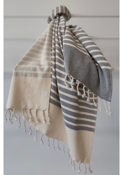 %100 Pamuk Çizgili Plaj-Şezlong Örtüsü-Peştemal-Antrasit Peştemal