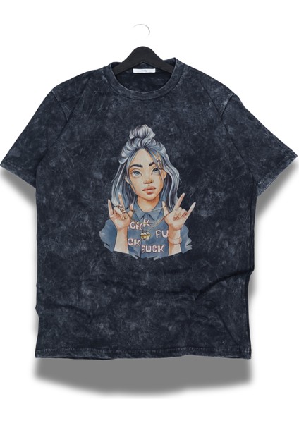 Oversize Cartoon Style Billie Eilish Baskılı Yıkamalı Tişört, Unisex Billie Temalı Vintage T-Shirt