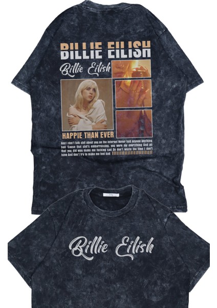 Oversize Billie Eilish Sırt Baskılı Yıkamalı T-Shirt, Unisex Happier Then Ever Yazılı Tişört