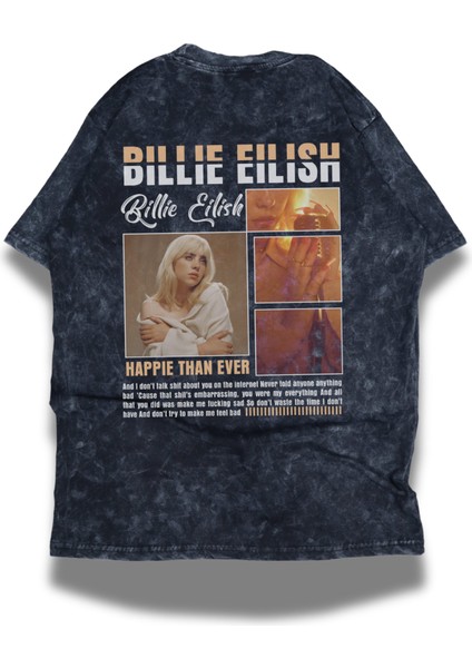 Oversize Billie Eilish Sırt Baskılı Yıkamalı T-Shirt, Unisex Happier Then Ever Yazılı Tişört modelleri
