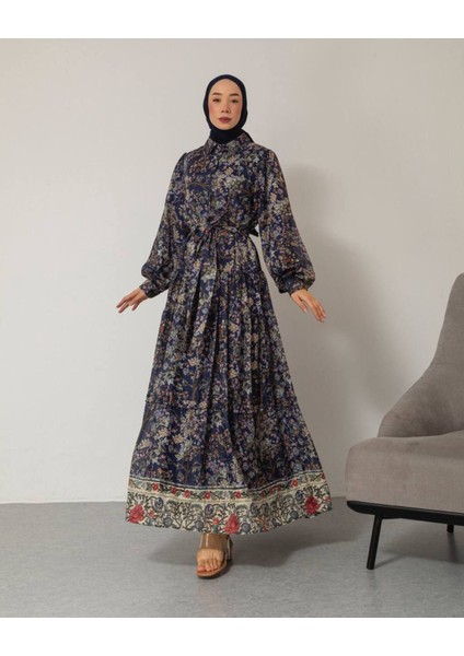 Kadın Çiçek Baskılı Astarlı Pamuklu Vintage Elbise