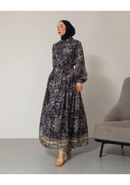 Kadın Çiçek Baskılı Astarlı Pamuklu Vintage Elbise