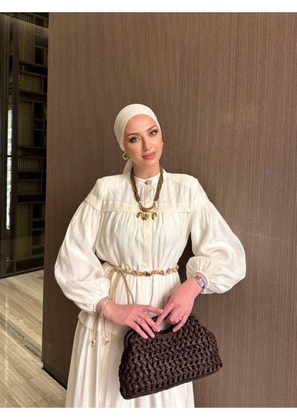 Kadın Taşlı Bağcık Detaylı Uzun Vual Astarlı Elbise fiyatları