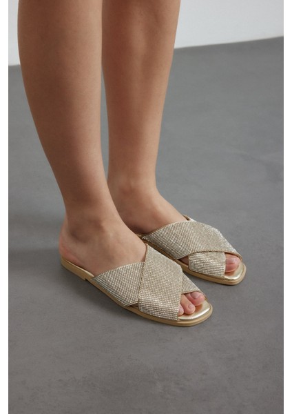 Kleopatra Altın taşlı metalik Cilt Kadın Terlik