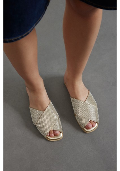 Kleopatra Altın taşlı metalik Cilt Kadın Terlik fiyatları