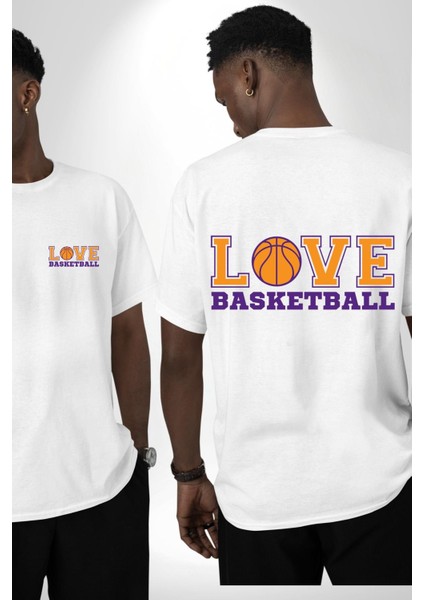 Basketbol Topu Ile Aşk Love Yazılı Beyaz Oversize Kadın Erkek Ön ve Sırt Baskılı Tişört