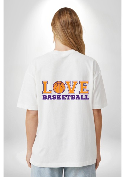 Basketbol Topu Ile Aşk Love Yazılı Beyaz Oversize Kadın Erkek Ön ve Sırt Baskılı Tişört fiyatları