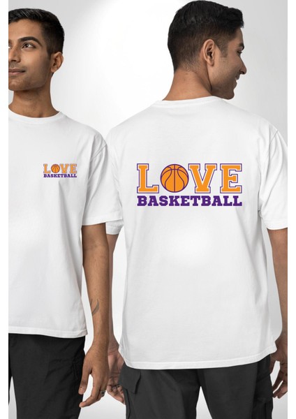 Basketbol Topu Ile Aşk Love Yazılı Beyaz Oversize Kadın Erkek Ön ve Sırt Baskılı Tişört fırsatları