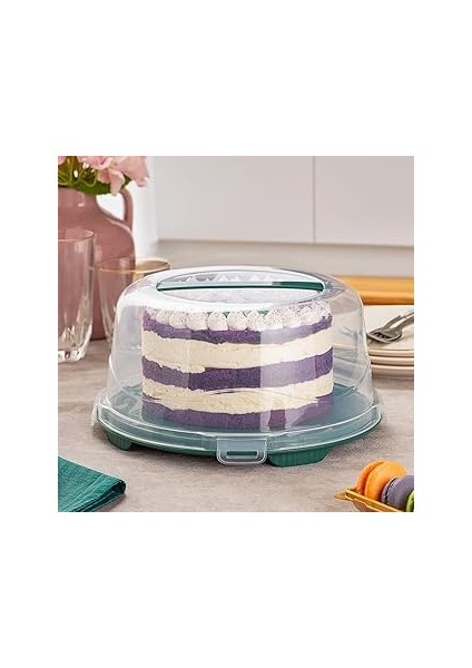1093 Koyu Yeşil Yuvarlak Kek Pasta Börek Saklama Kabı - Kilitli Kapaklı Taşıma Fanusu 25 cm
