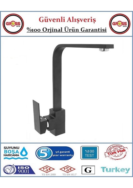 Uzay Neptün Kare Mutfak Evye Bataryası - 40'lık Kartuş - 5 Yıl Garanti - Orjinal Ürün - Siyah