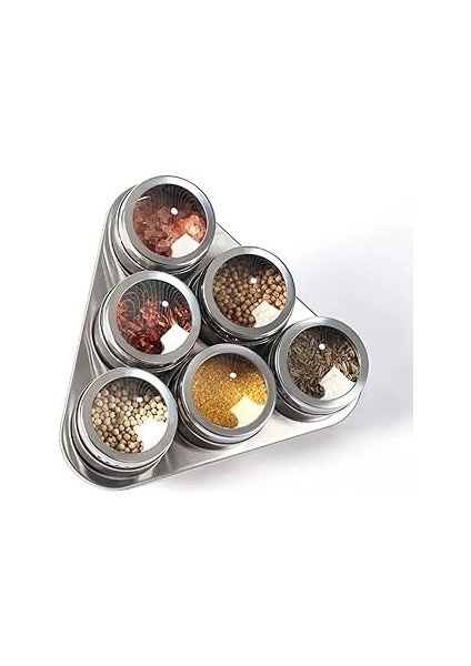 Manyetik Baharatlık Seti, Paslanmaz Çelik 6 Baharat Kavanozu ve Metal Stand, Şeffaf Kapakl