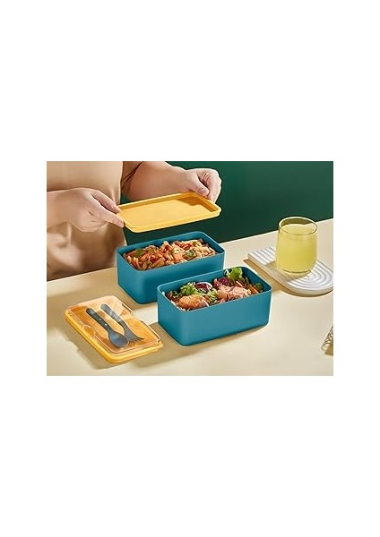 Rotanev Mega Boy 2 Katlı Yemek Saklama Kabı 2 Litre - Kendinden Çatal Kaşık Servisli Lunch Box Set