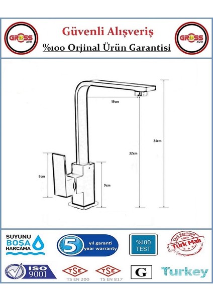 Uzay Neptün Kare Lavabo Bataryası - 40'lık Kartuş - 5 Yıl Garanti - Orjinal Ürün - Siyah modelleri