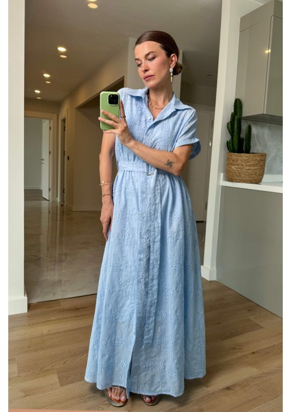 Bebe Mavisi Astarlı Kemerli Fisto Gömlek Elbise fiyatları