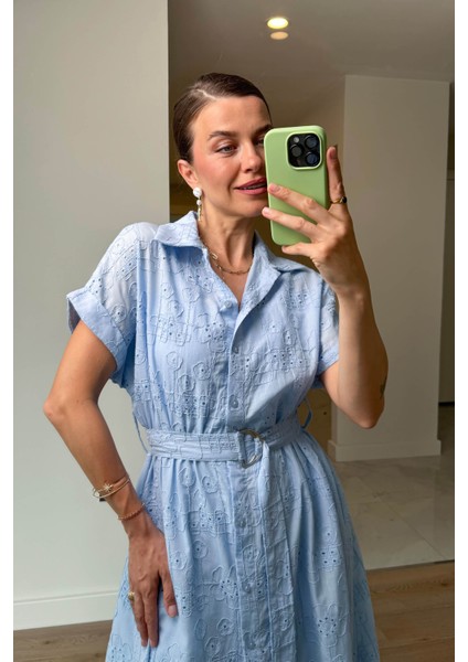 Bebe Mavisi Astarlı Kemerli Fisto Gömlek Elbise modelleri