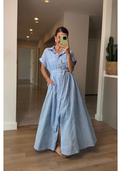 Bebe Mavisi Astarlı Kemerli Fisto Gömlek Elbise fırsatları