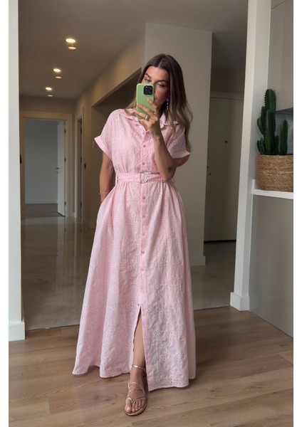Toz Pembe Astarlı Kemerli Fisto Gömlek Elbise