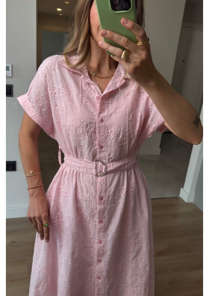 Toz Pembe Astarlı Kemerli Fisto Gömlek Elbise fiyatları
