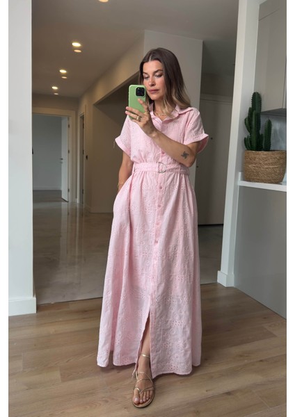 Toz Pembe Astarlı Kemerli Fisto Gömlek Elbise modelleri