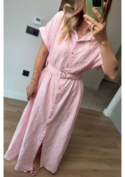 Toz Pembe Astarlı Kemerli Fisto Gömlek Elbise fırsatları