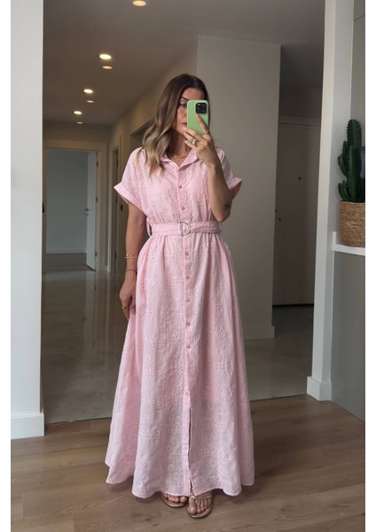 Toz Pembe Astarlı Kemerli Fisto Gömlek Elbise indirimleri