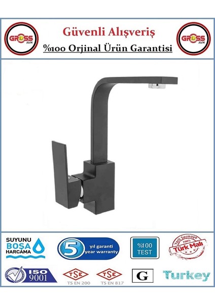 Uzay Neptün Kare Lavabo Bataryası - 40'lık Kartuş - 5 Yıl Garanti - Orjinal Ürün - Siyah